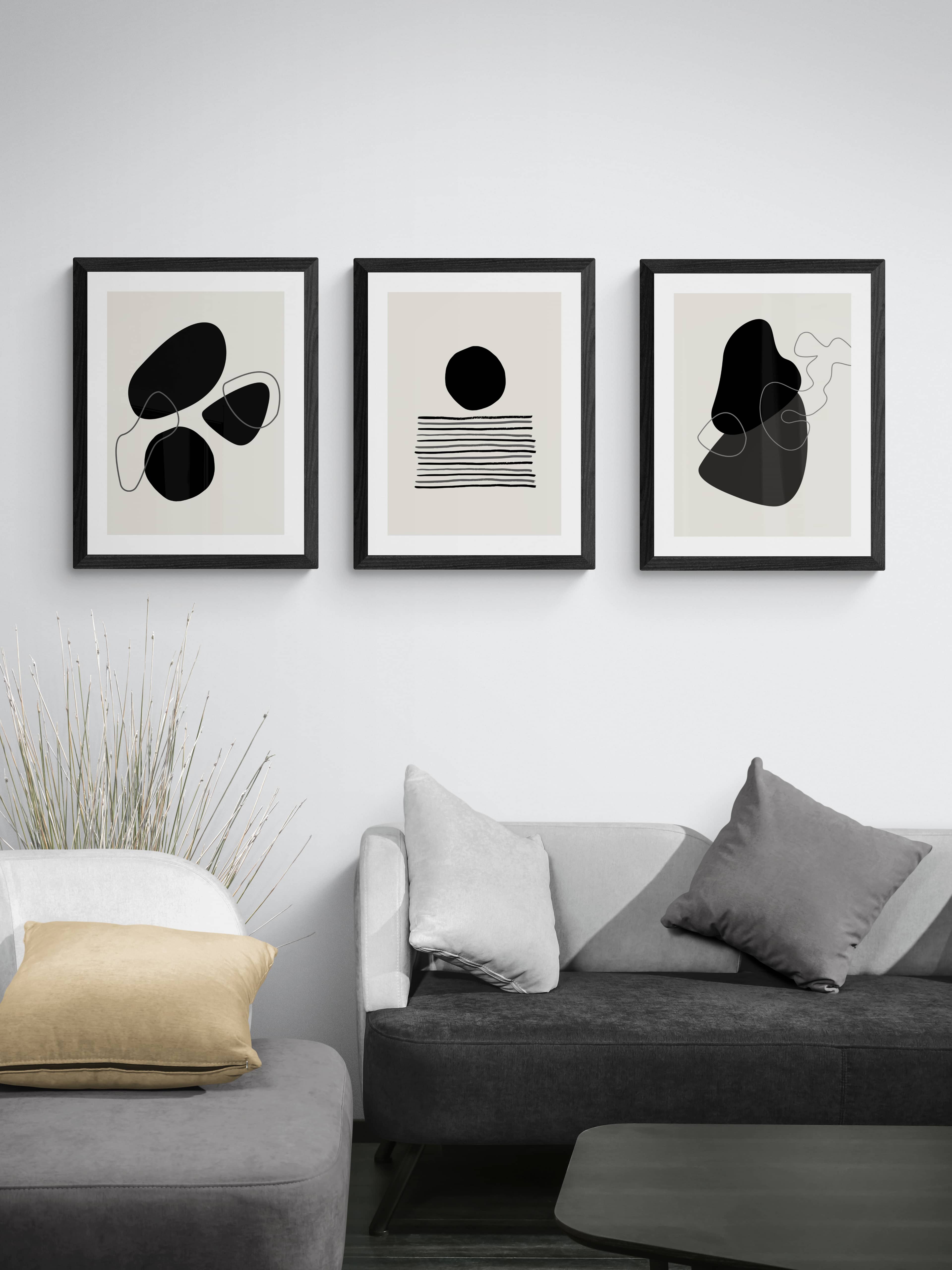 Minimal Abstract Trio – Modern Siyah Beyaz 3’lü Poster Seti